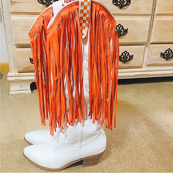 White and Orange TN Fringe Cowboy Boots - Picture 1 of 7